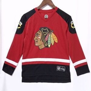 NHL Chicago Blackhawks Youth Jersey Sz L 12/14 Red Black Hockey Shirt Kids‎